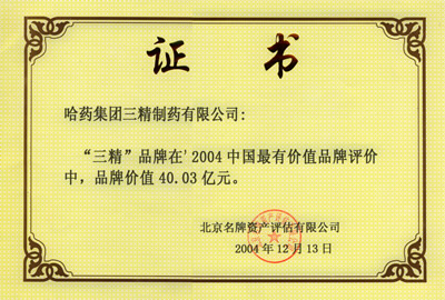 2004年三精品牌價(jià)值證書(shū)