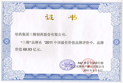 2011年三精品牌價(jià)值證書(shū)